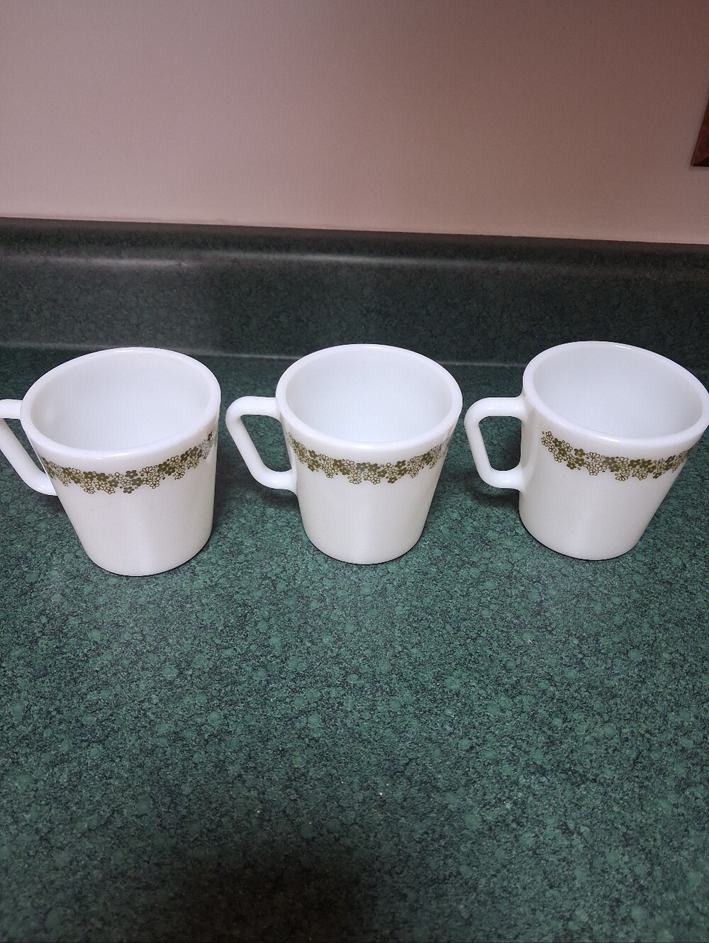 White Glass Mugs with Gold Floral Band - Set of 3